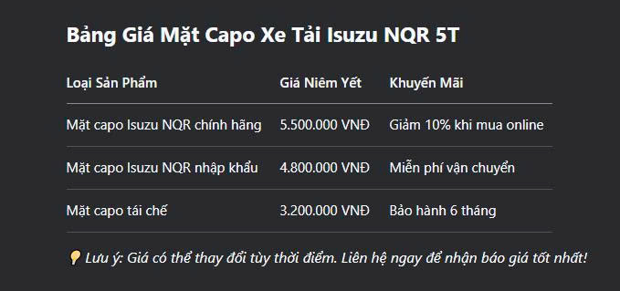 bảng giá mặt capo xe tải isuzu 5t NQR